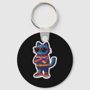 Koele kat met zonnebril Retro stijl Grappig Dier Sleutelhanger