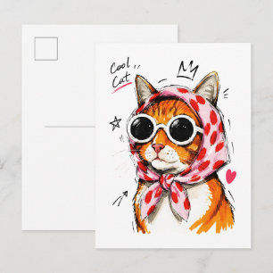 Koele Kat met Zonnebril & Stippen Hoofddoek Briefkaart