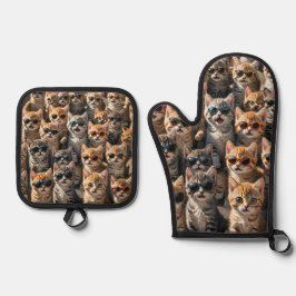 Koele katten met een zonnebril ovenwant & pannenlap set
