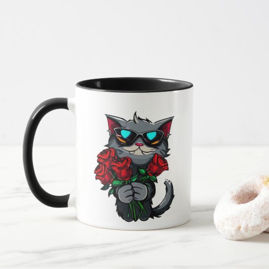 Koele katten met rode rozen bloemen glazen liefde mok (Met donut)