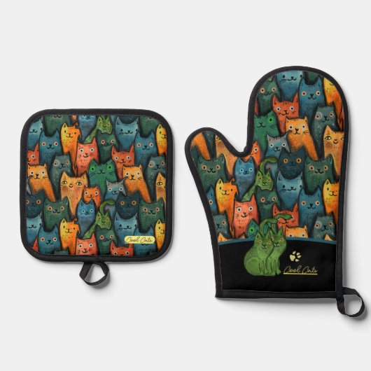 Koele Katten Oven Mitt en Pothouders Ovenwant & Pannenlap Set (Voorkant)