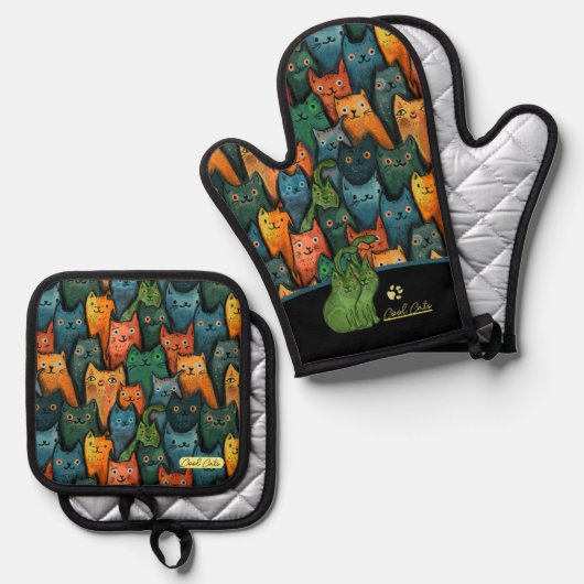 Koele Katten Oven Mitt en Pothouders Ovenwant & Pannenlap Set (Voorkant / Achterkant)
