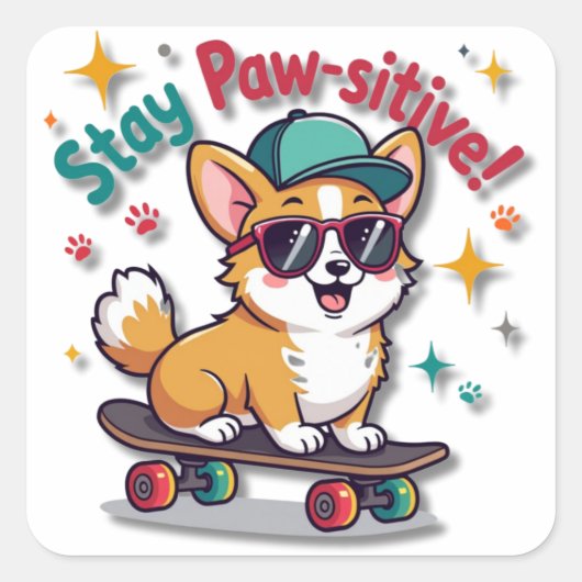 Koele Kawaii Corgi op een skateboard Vierkante Sticker (Voorkant)