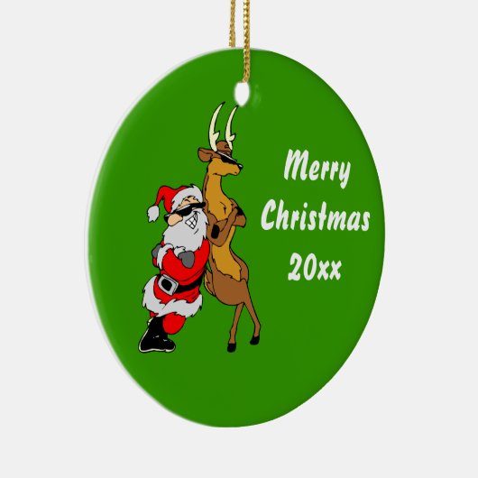 Koele Kerstman en rendier met zonnebril Keramisch Ornament (Rechts)