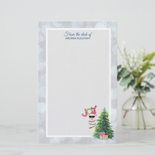 Koele lama in Santa Hat op Silver Bokeh Kerstmis Briefpapier (Staand voorkant)