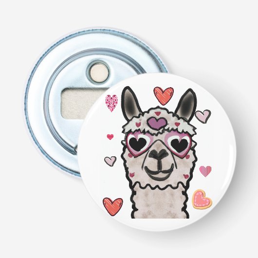 Koele lama met hartbril button flesopener (Voorkant)