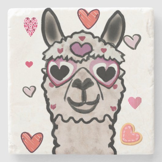 Koele lama met hartbril stenen onderzetter (Voorkant)
