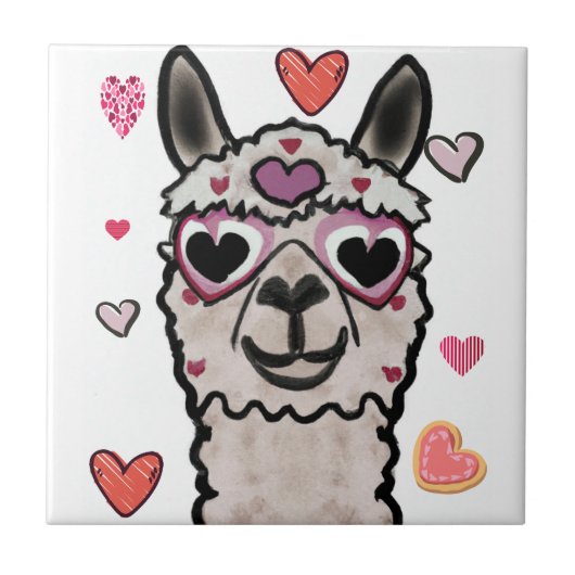 Koele lama met hartbril tegeltje (Voorkant)