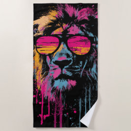 Koele Leeuw met Zonnebril Neon Pop Art Strandlaken