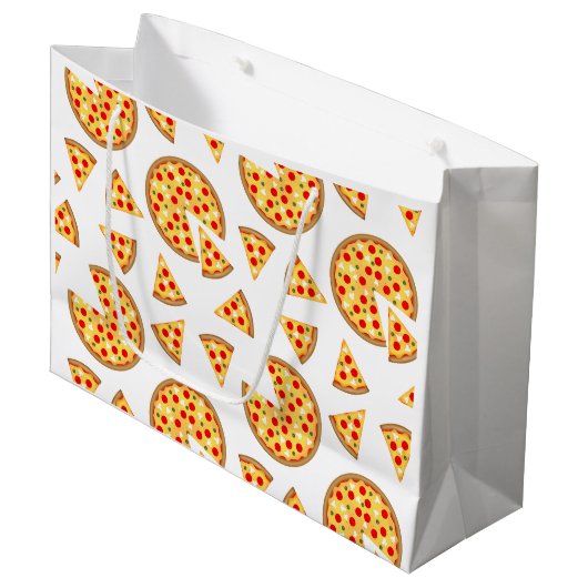 Koele leuke pizza en plakjes patroon op wit groot cadeauzakje (Voorkant Gekanteld)