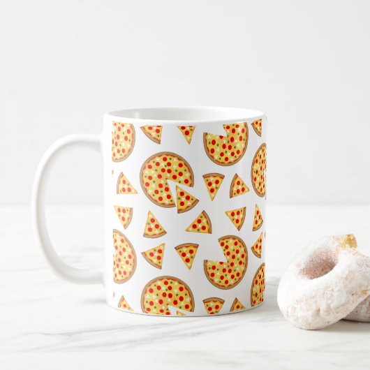 Koele leuke pizza en plakjes patroon op wit koffiemok (Met donut)