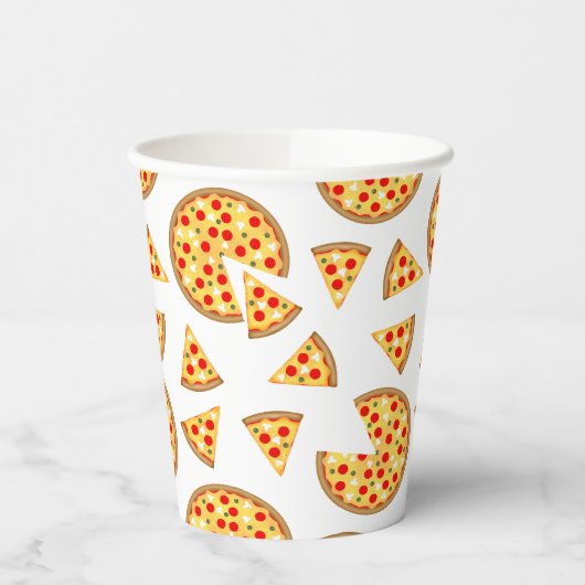 Koele leuke pizza en plakjes patroon op wit papieren bekers (Links)