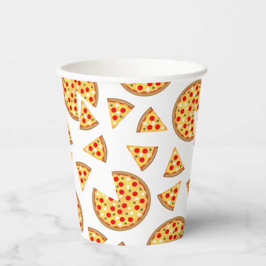 Koele leuke pizza en plakjes patroon op wit papieren bekers (Voorkant)