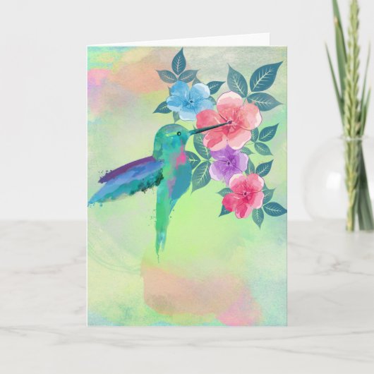Koele leuke trendy watercolourskolibrie bloemen kaart (Voorkant)