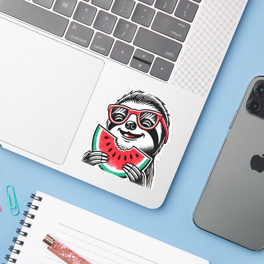 Koele luiaard die watermeloen eet sticker (Laptop met iPhone)