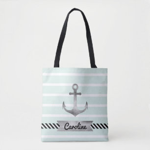 Koele Mint Strepen Waterverf Anker Gepersonaliseer Tote Bag