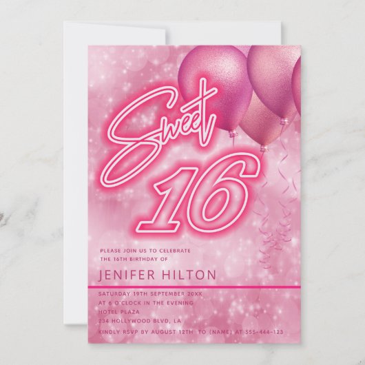 Koele moderne roze ballon neon zoet 16 kaart (Voorkant)