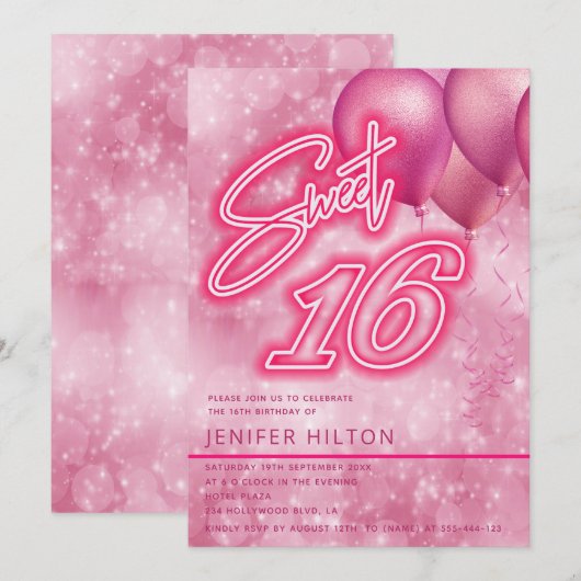 Koele moderne roze ballon neon zoet 16 kaart (Voorkant / Achterkant)
