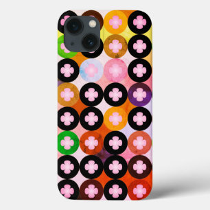Koele multi gekleurde cirkels & roze klavers iPhone 13 hoesje