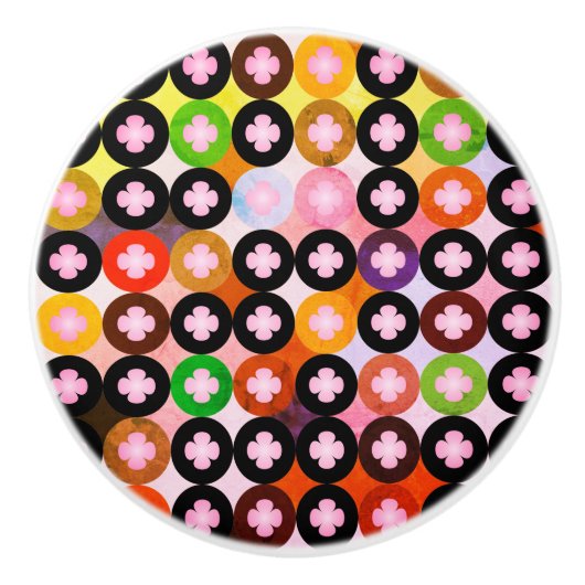 Koele multi gekleurde cirkels & roze klavers keramische knop (Voorkant)