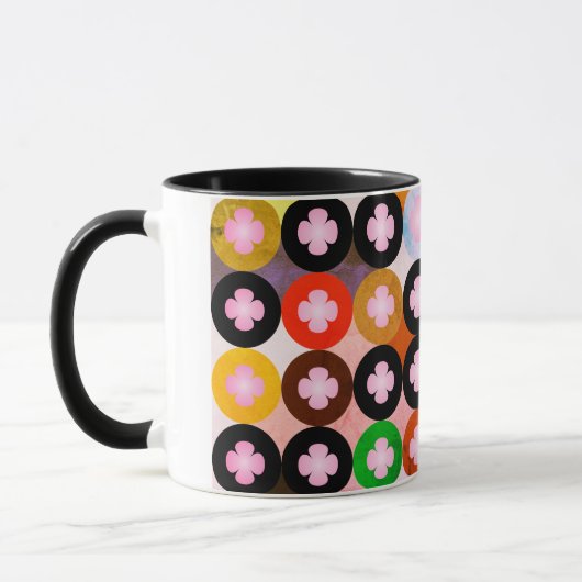 Koele multi gekleurde cirkels & roze klavers mok (Links)