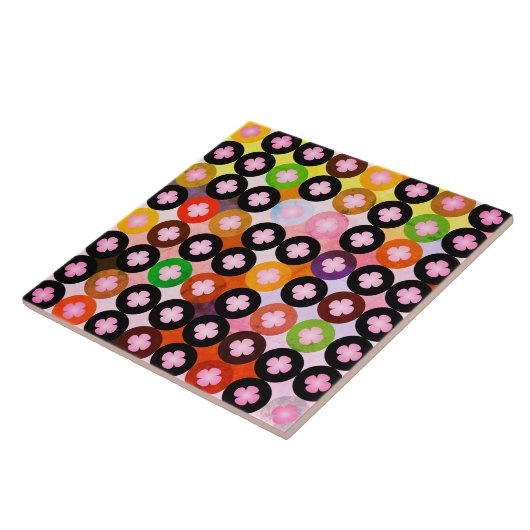 Koele multi gekleurde cirkels & roze klavers tegeltje (Zijkant)