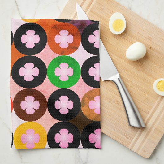 Koele multi gekleurde cirkels & roze klavers theedoek (Quarter Fold)