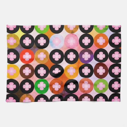 Koele multi gekleurde cirkels & roze klavers theedoek (Horizontaal)