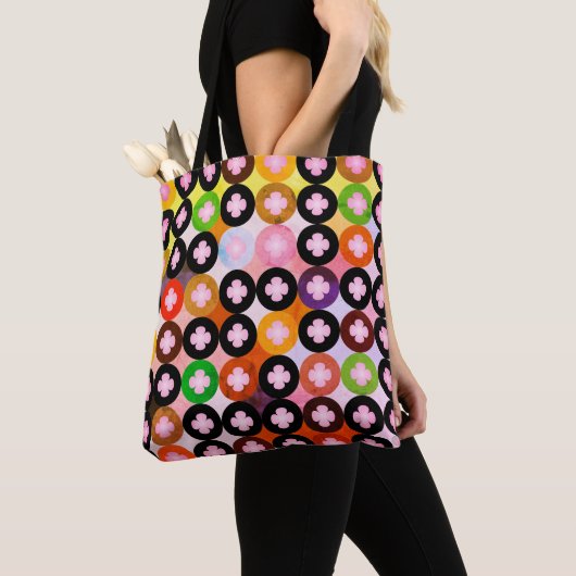 Koele multi gekleurde cirkels & roze klavers tote bag (Dichtbij)