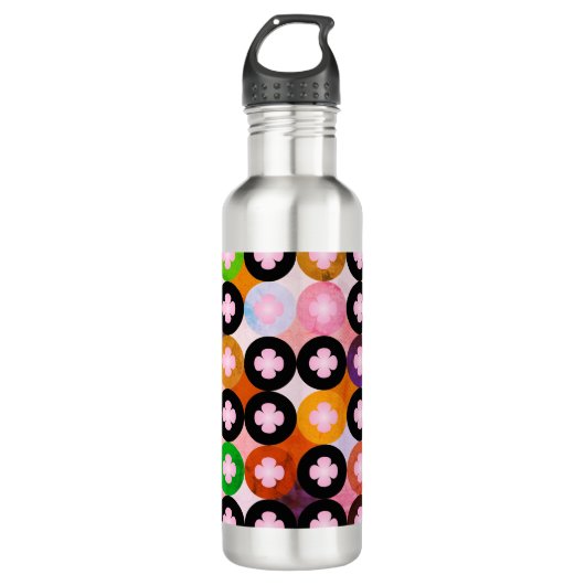 Koele multi gekleurde cirkels & roze klavers waterfles (Voorkant)