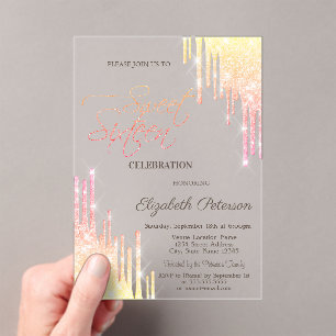Koele Ombre Glitter Drips Rose Goud Sweet 16 Acryl Uitnodigingen