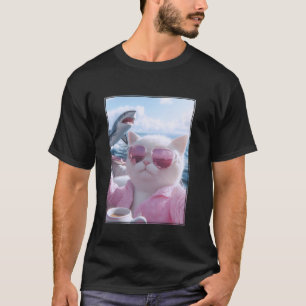 Koele ontspannen kat op een jachtboot met haai gra t-shirt