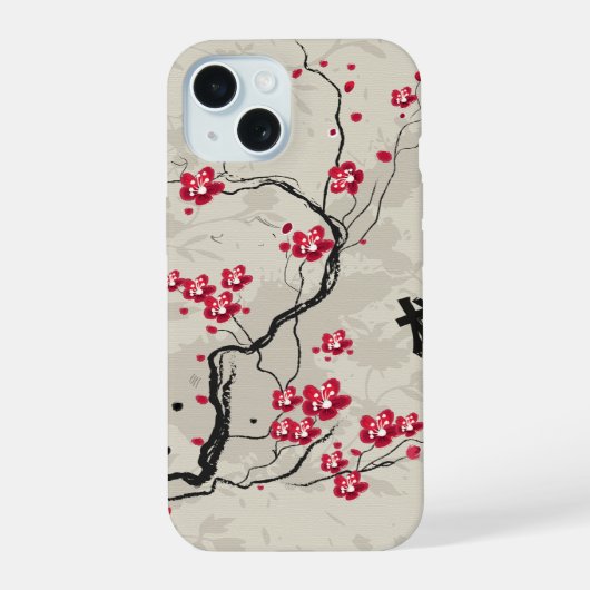 Koele Oosterse stijl Sakura Kersenbloesem Kunst iPhone 15 Case (Achterkant)