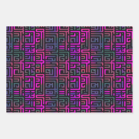 Koele Paarse Groene Raster Maze Line Pattern Inpakpapier Vel (Voorkant)