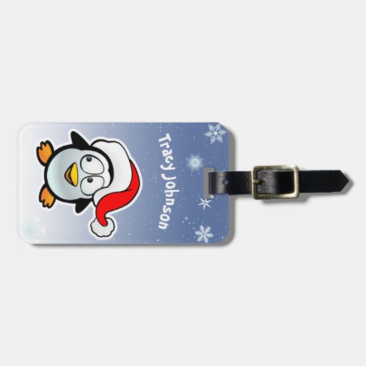 Koele pinguïn met kerstmuts bagagelabel (Voorkant horizontaal)