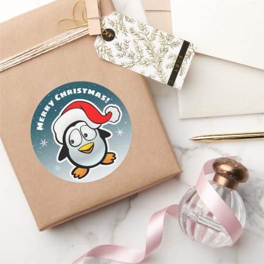 Koele pinguïn met kerstmuts ronde sticker (Geschenken)