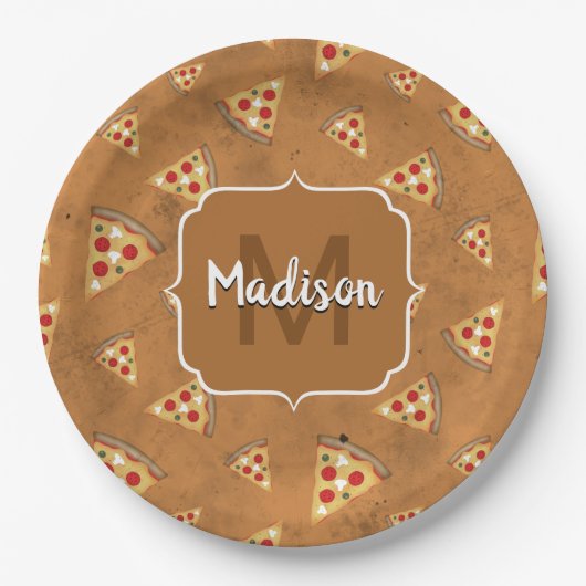 Koele pizzasneden bruin motief Monogram Papieren Bordje (Voorkant)