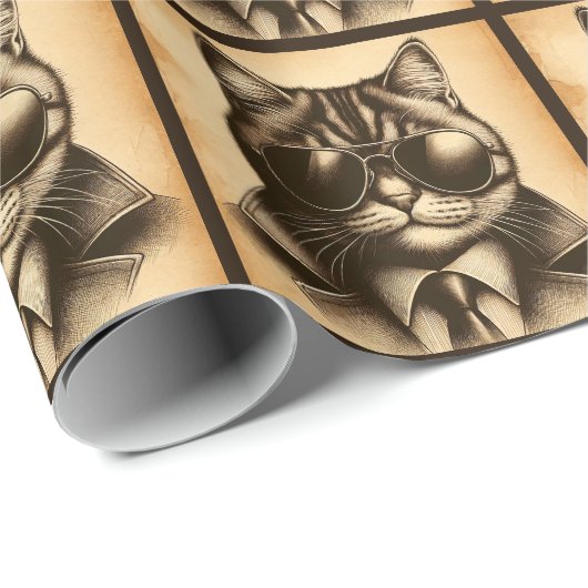 Koele Retro Kat in Aviator Zonnebril, Sepia Cadeaupapier (Rol Hoek)