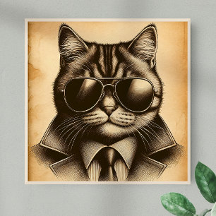 Koele Retro Kat in Aviator Zonnebril, Sepia Poster