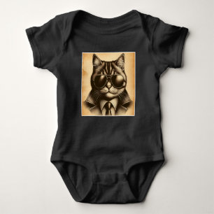 Koele Retro Kat in Aviator Zonnebril, Sepia Unisex Romper
