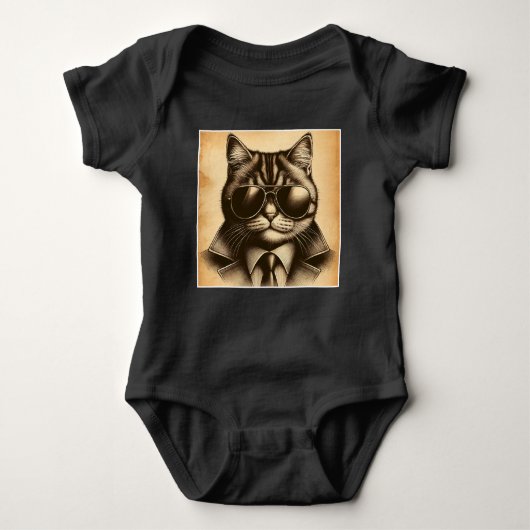 Koele Retro Kat in Aviator Zonnebril, Sepia Unisex Romper (Voorkant)