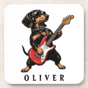 Koele Rocker Dachshond Hond Speelt Elektrische Git Bier Onderzetter