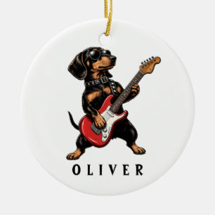 Koele Rocker Dachshund Hond Speelt Elektrische Git Keramisch Ornament