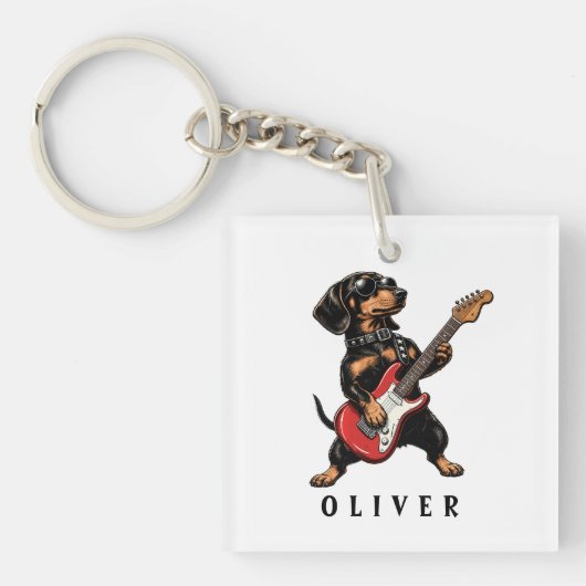 Koele Rocker Dachshund Hond Speelt Elektrische Git Sleutelhanger (voorkant)