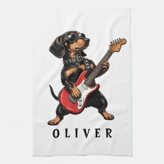 Koele Rocker Dachshund Hond Speelt Elektrische Git Theedoek (Verticaal)