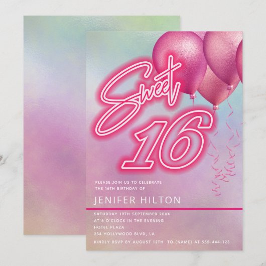 Koele roze ballon holografische neon zoet 16 kaart (Voorkant / Achterkant)