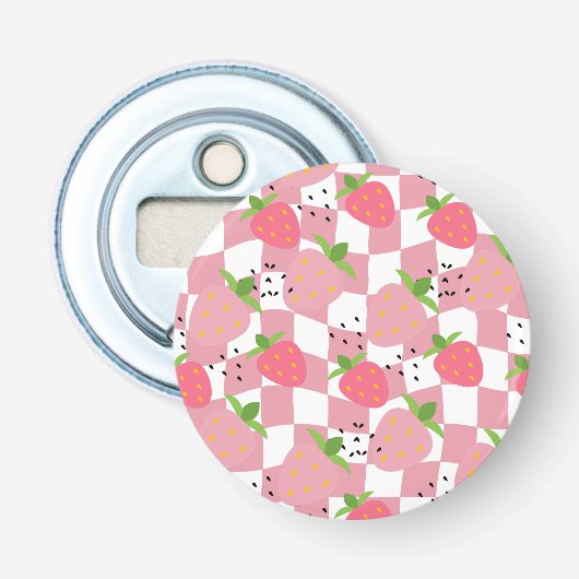 Koele Roze Keuken Aardbeien Geruit Ontwerp Button Flesopener (Voorkant)