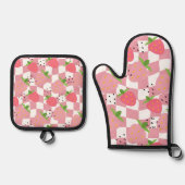 Koele Roze Keuken Aardbeien Geruit Ontwerp Ovenwant & Pannenlap Set (Voorkant)
