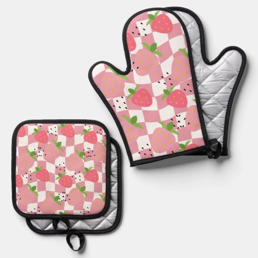 Koele Roze Keuken Aardbeien Geruit Ontwerp Ovenwant & Pannenlap Set (Voorkant / Achterkant)