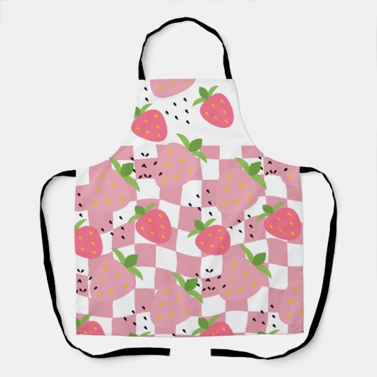 Koele Roze Keuken Aardbeien Geruit Ontwerp Schort (Voorkant)